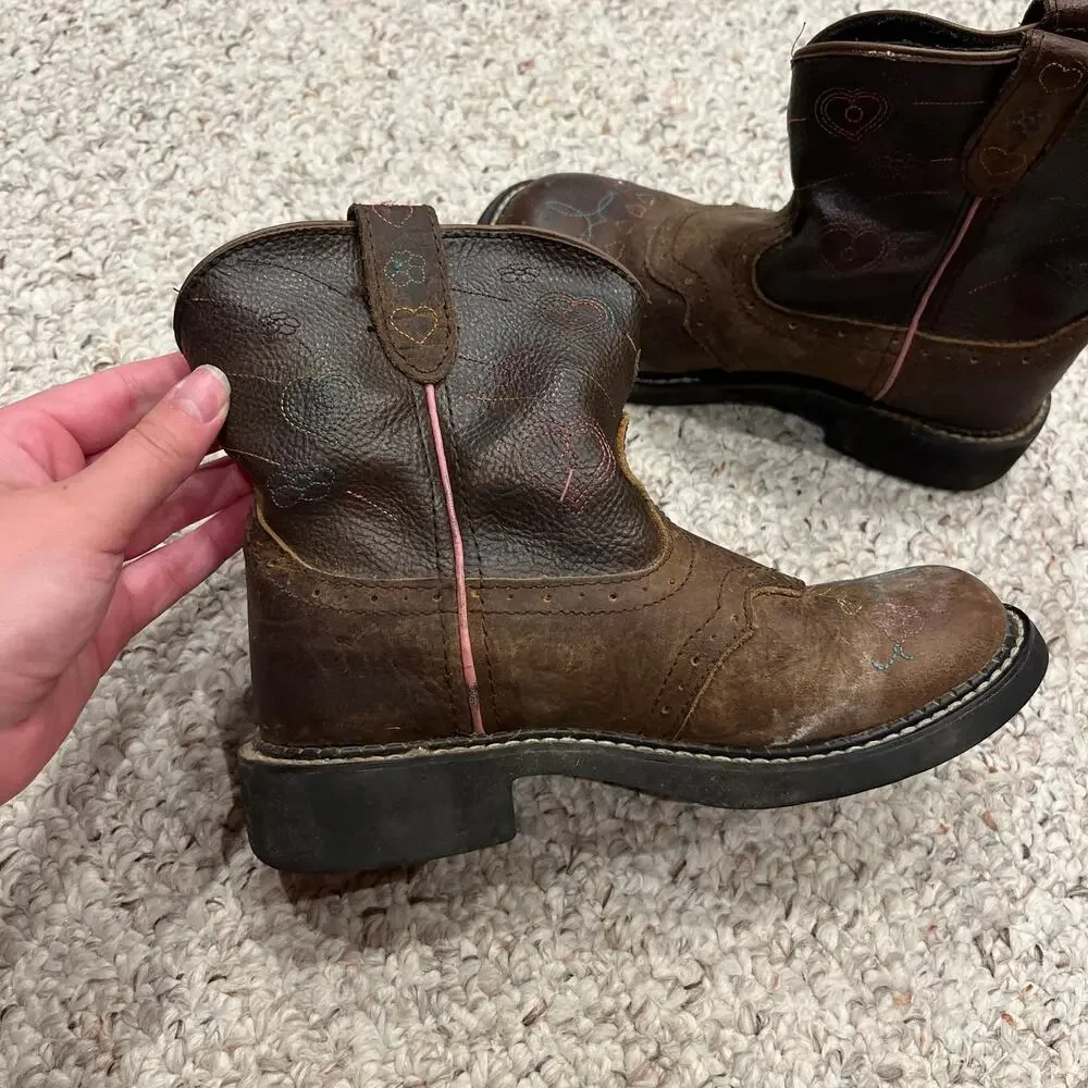 Justin Girls Cowboy Boots Light Up Sz 3D Leather Brown Pink Western Casual